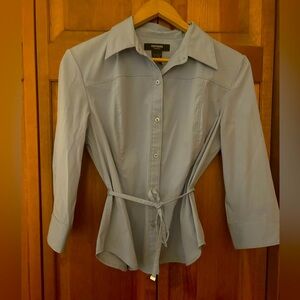 Express Women’s Blue Button Down Sz 9/10 Blouse Top W/ 3/4 Sleeves & Tie Detail